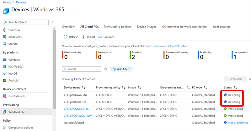Screenshot of Cloud PCs restore status