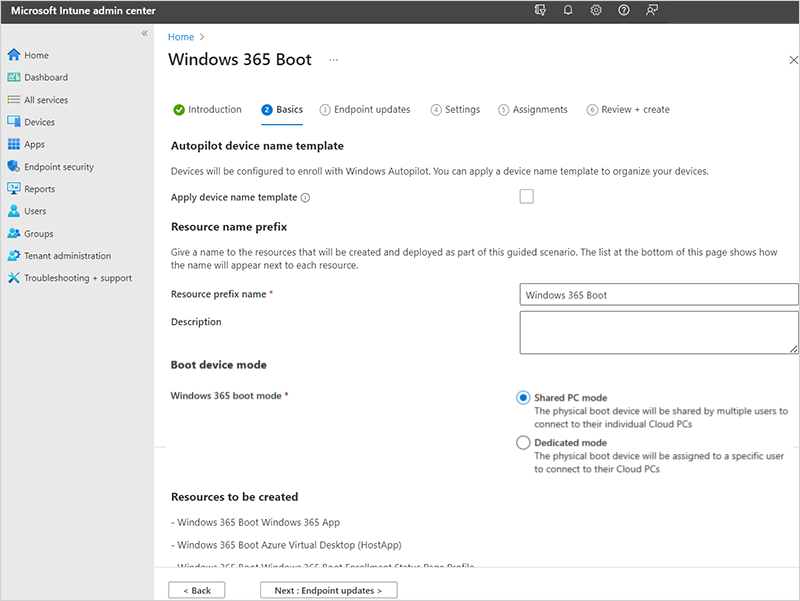 Screenshot of Windows 365 Boot guided scenario Basics tab.