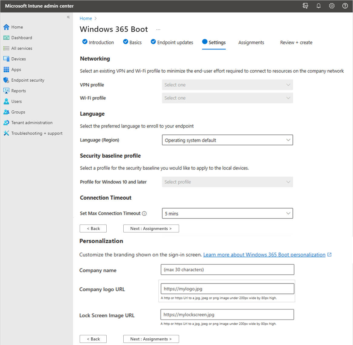 Screenshot of Windows 365 Boot guided scenario Settings tab.