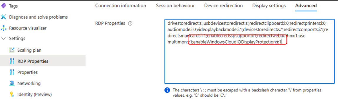 Screenshot of the RDP Properties Advanced tab showing the enableWindowsCloudIODisplayProtection property.