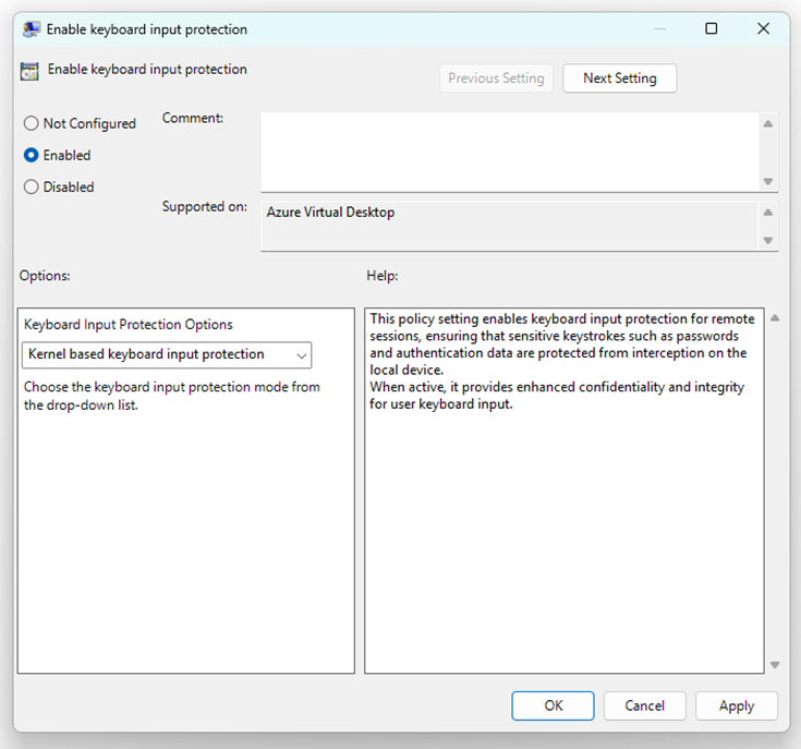 Screenshot of group policy editor enabling keyboard input protection.
