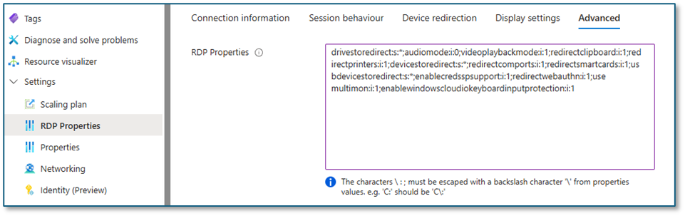Screenshot of the enablewindowscloudiokeyboardinputprotection setting in Azure portal RDP properties.