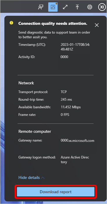 Screenshot of connection details.