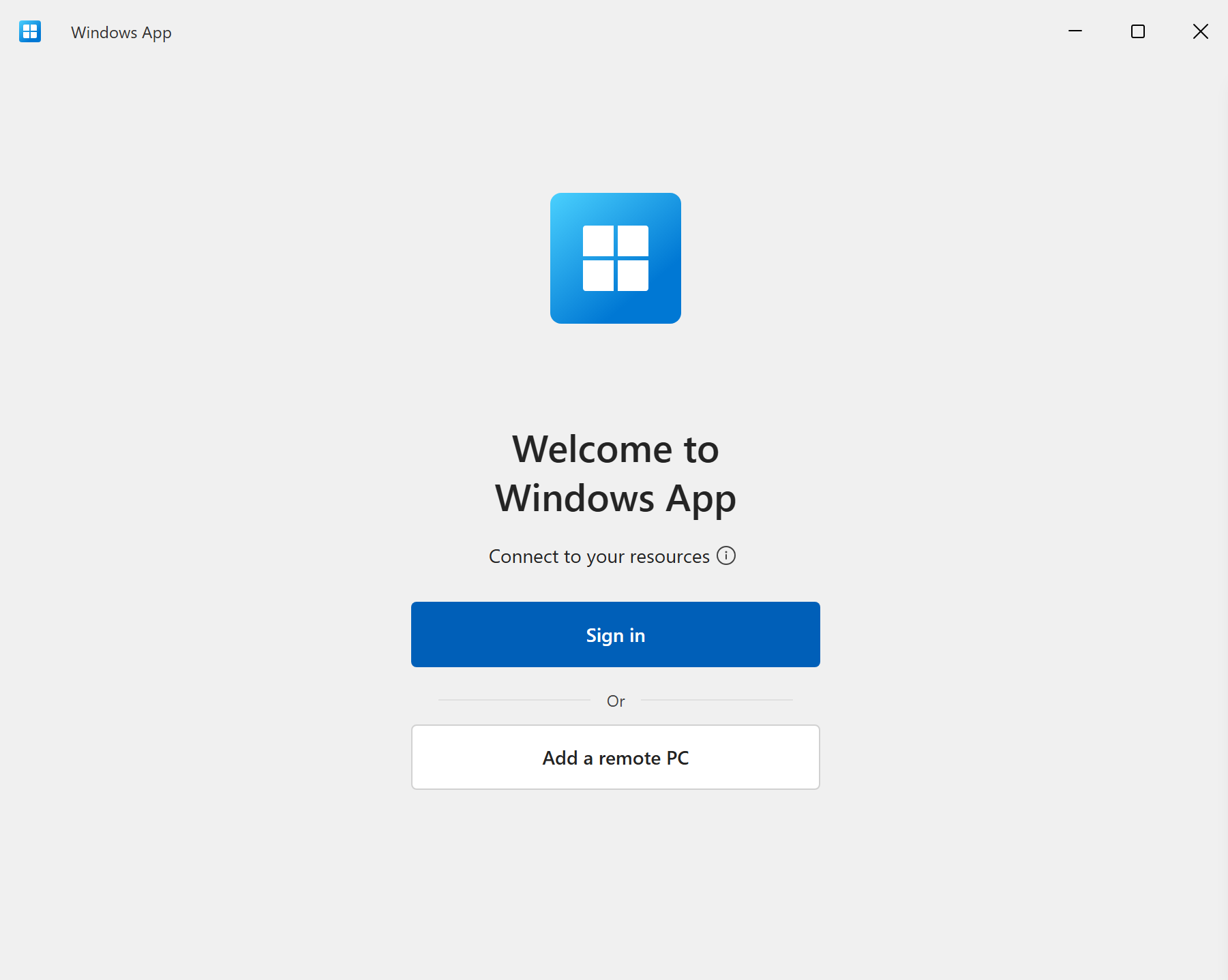 Screenshot that shows Windows App's Welcome screen.