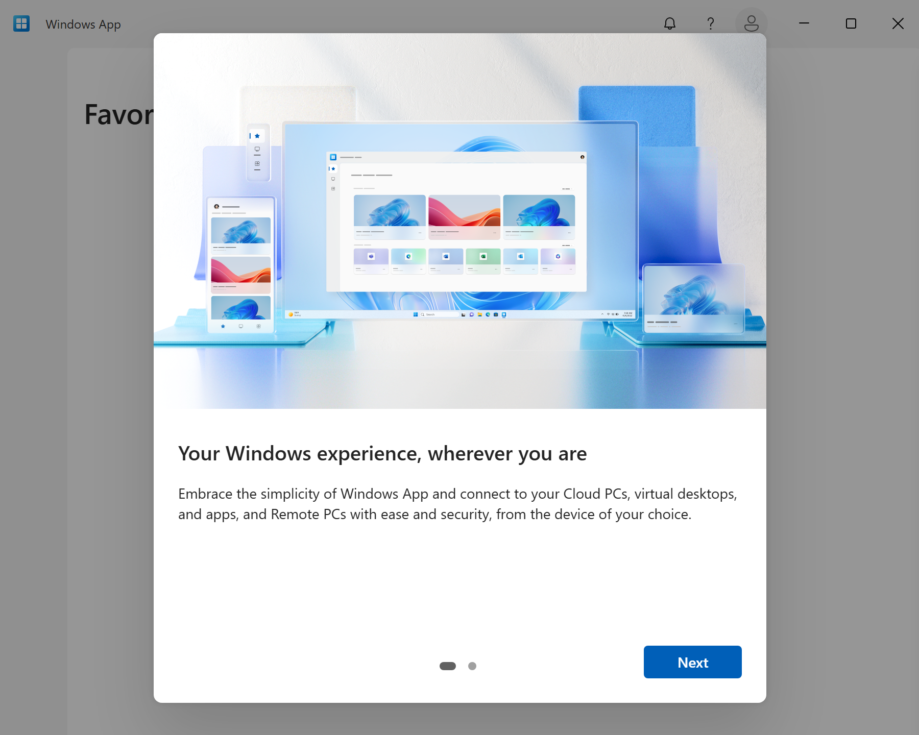 Screenshot that shows Windows App's First Run Experience.