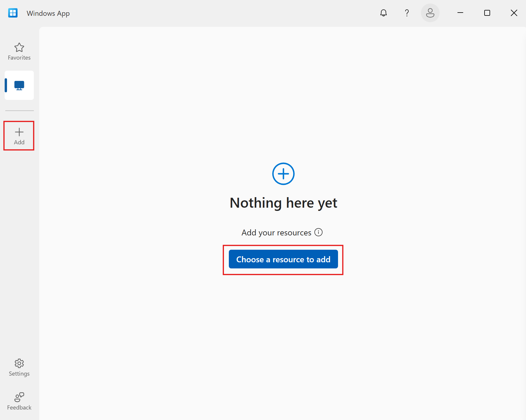Screenshot that highlights the Add or Choose a resource to add buttons in Windows App.
