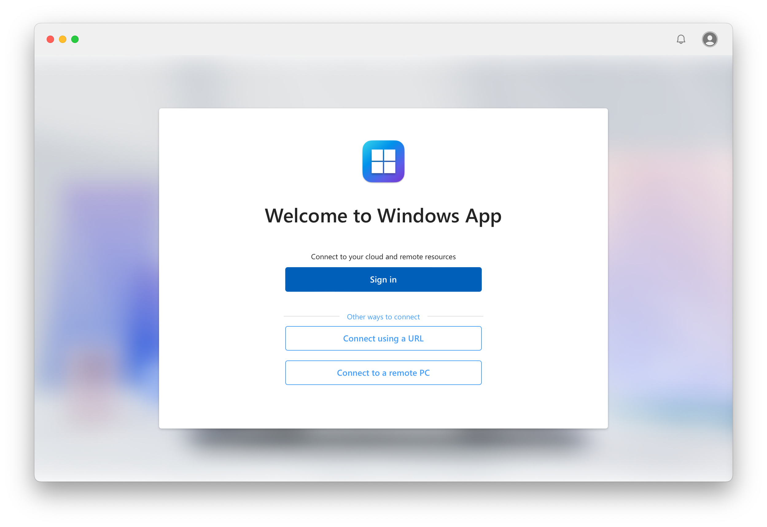 A screenshot showing the welcome tab for Windows App on macOS with Azure Virtual Desktop.