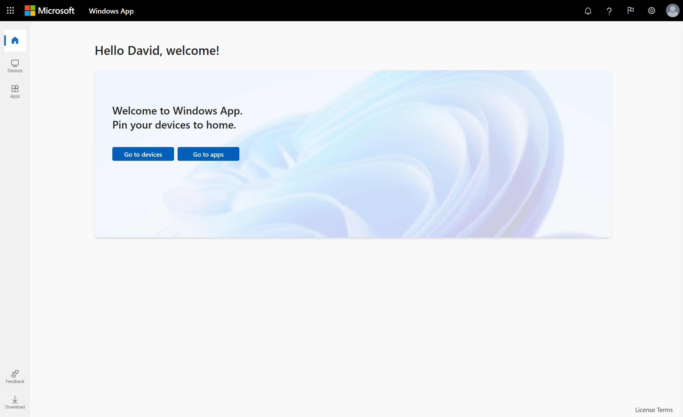 A screenshot showing the home tab for Windows App in a web browser with Azure Virtual Desktop.