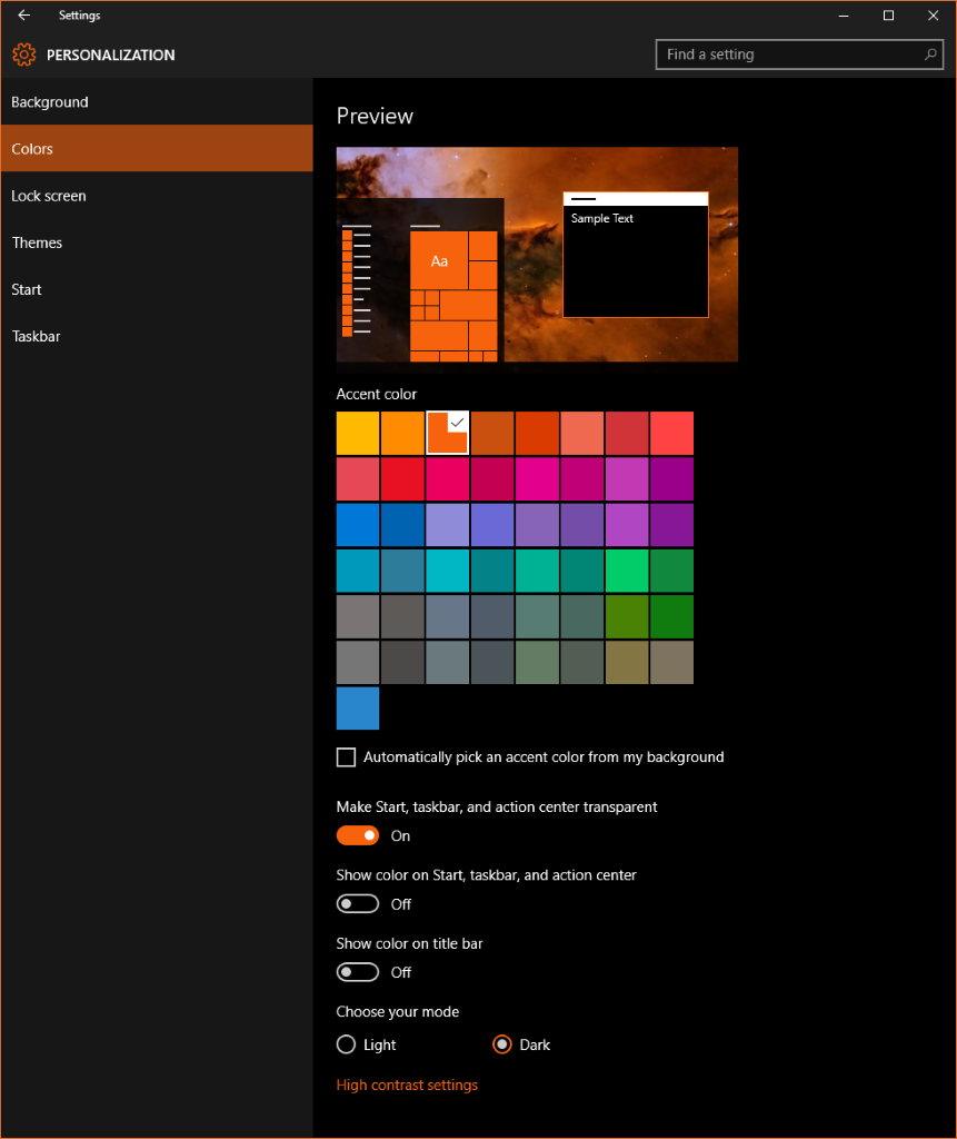 Screen shot of Windows Settings, Personalization area, with a customer selecting an orange accent color