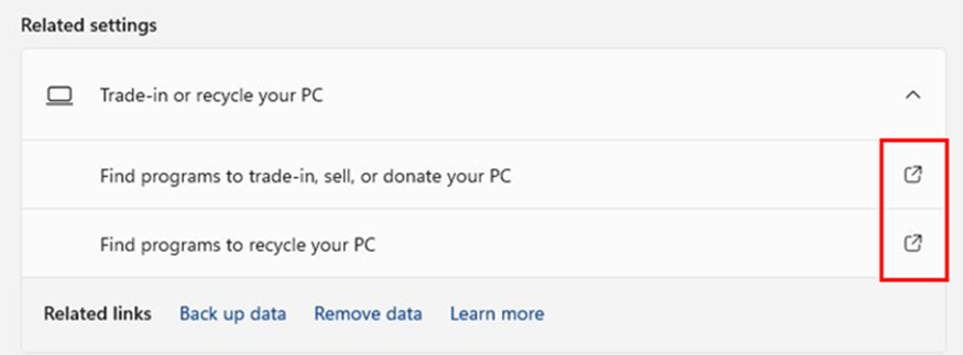 The settings app showing how the trade-in and recycle fields appear when they are configured using an unattend file