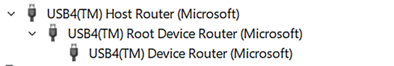Screenshot of Windows Device Manager, showing view of a USB4 host router and a single physical USB4 hub or device. View -> Devices by Connection