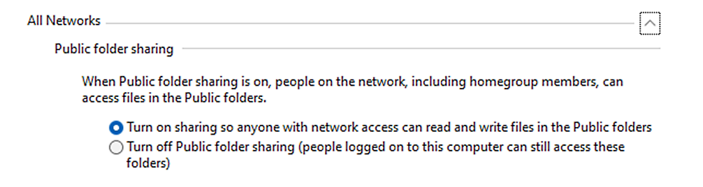 Screenshot showing public folder sharing settings.