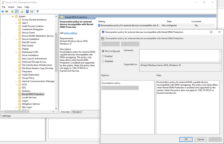 Image of Group policy editor page with Enumeration policy for external devices incompatible with DMA protection