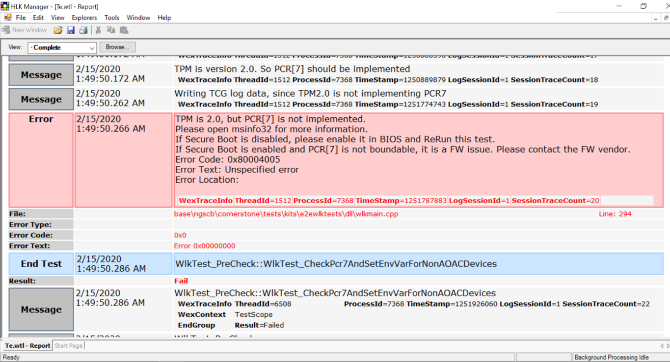 Screenshot of the error message in H L K logs.