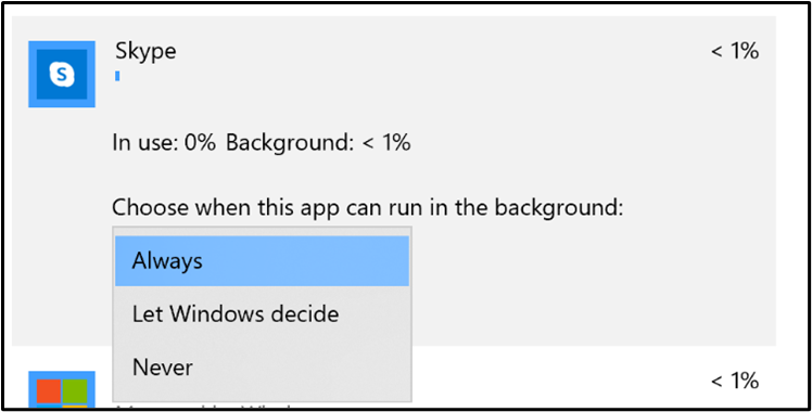 Skype app in Settings. Dialog shows dropdown menu for Choose when this app can run in the background, with three choices: Always, Let Windows decide, and Never.