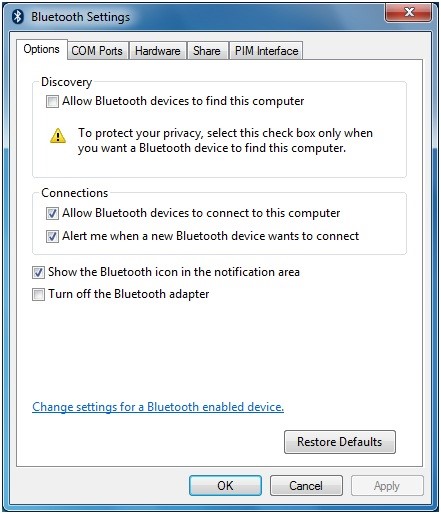 Screenshot of the Options tab in the Bluetooth Settings dialog box, showing the 'Show the Bluetooth icon in the notification area' checkbox.