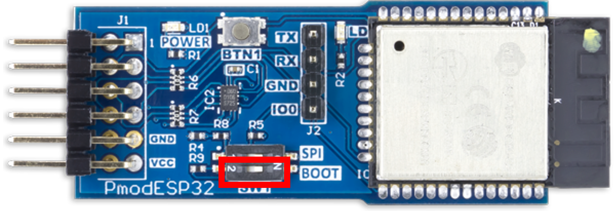 Switching the ESP32 into boot mode by moving SW1 to the ON position.