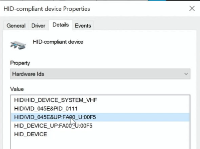 HID VID device in the value list.