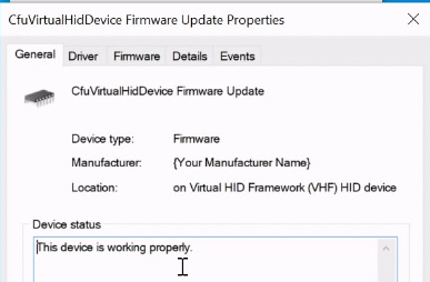 cfu virtual hid device firmware update properties window.