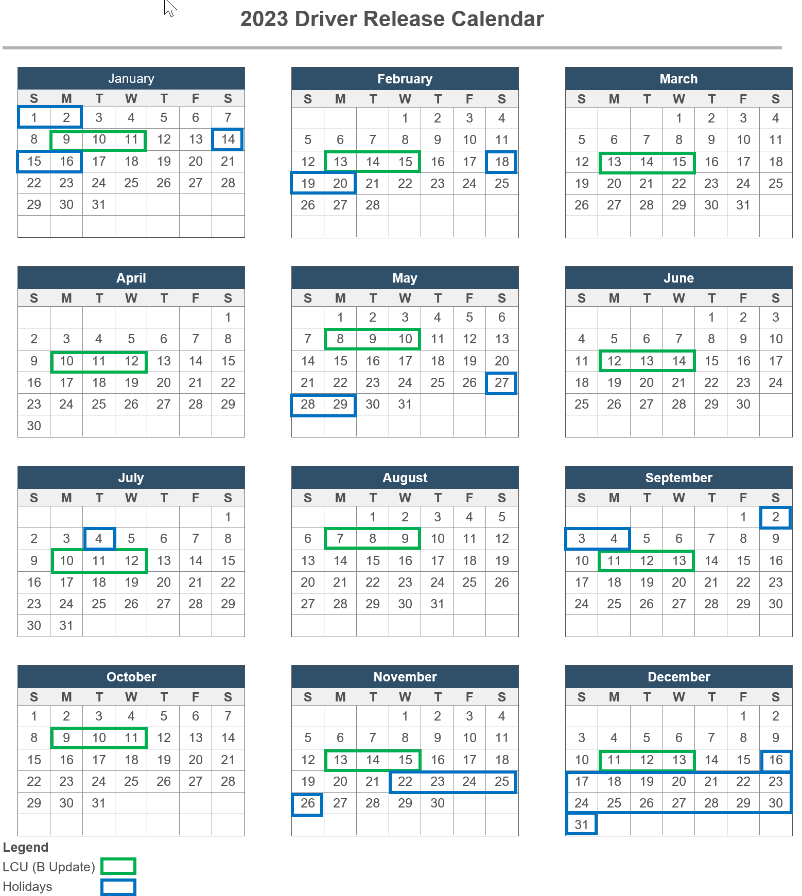 Sept - Dec 2023 Driver Release Calendar showing excluded dates as described above.