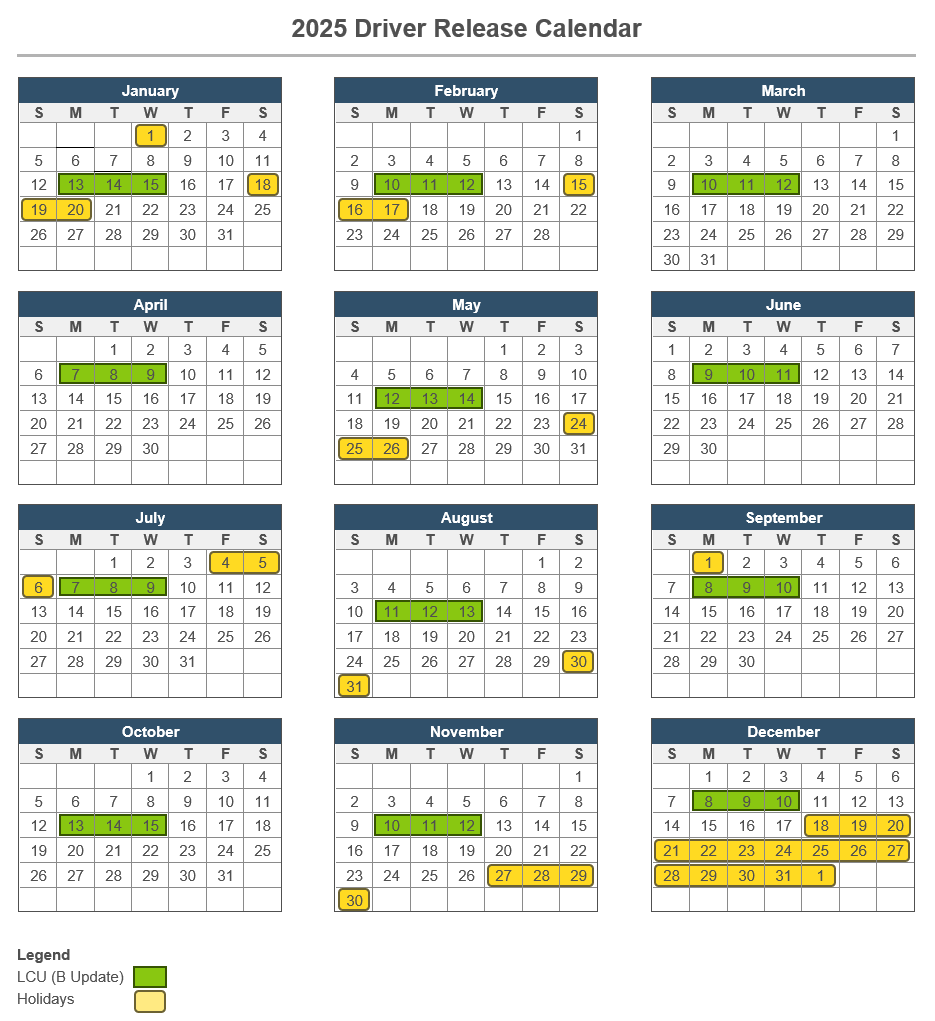 September - December 2025 driver release calendar showing excluded dates.