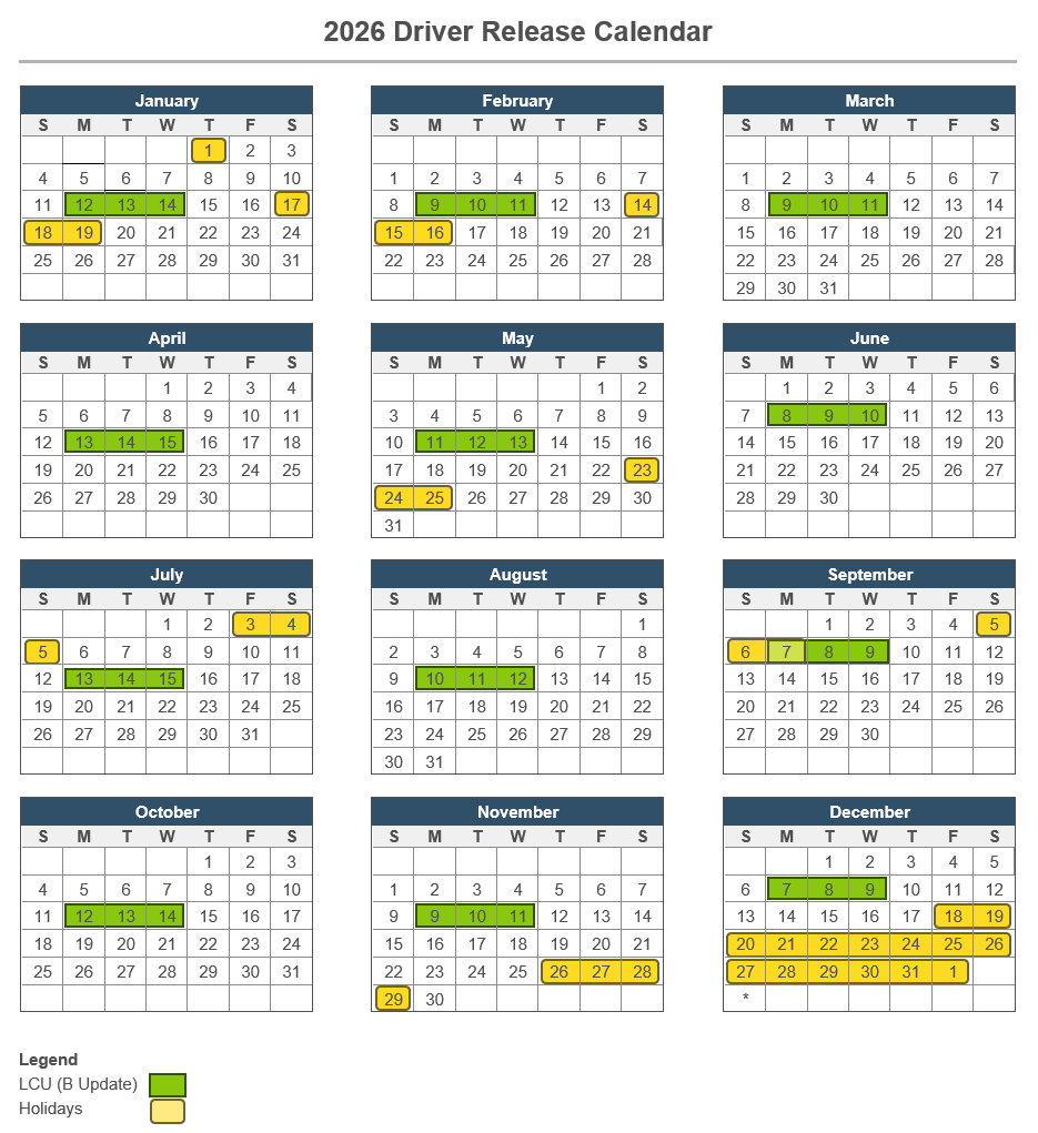 September - December 2026 driver release calendar showing excluded dates.