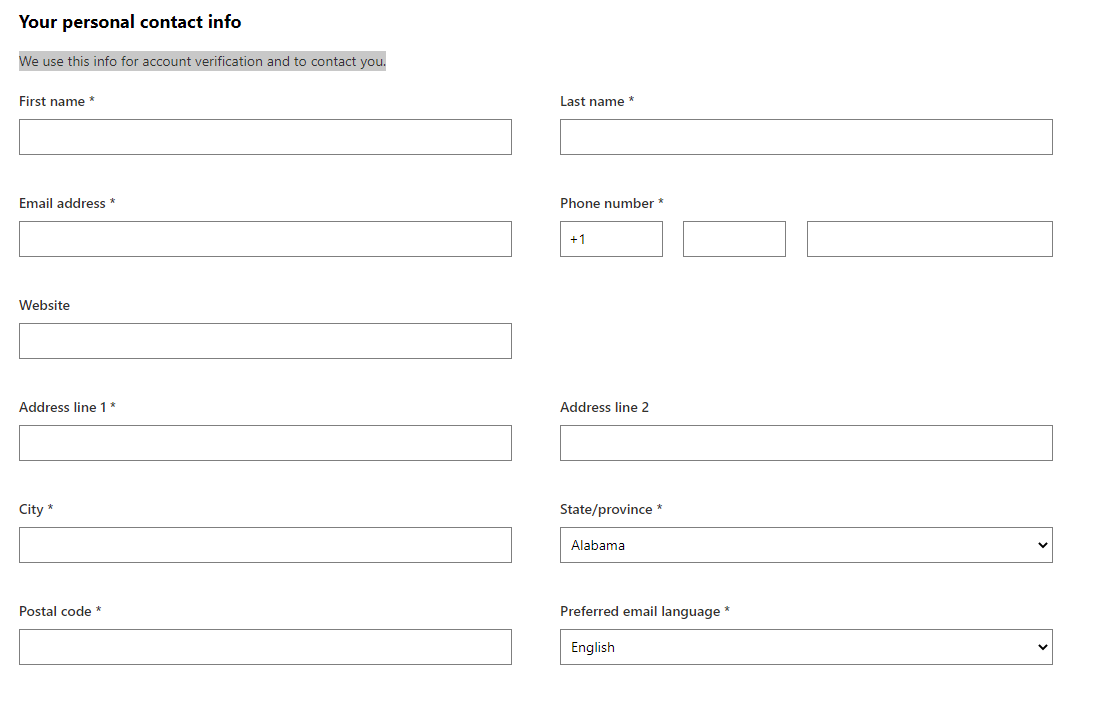 Screenshot of the 'Your personal contact info' section in the Hardware Developer Program registration process.