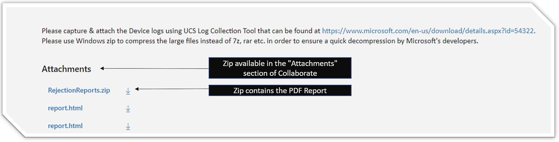 Screenshot of bug attachment with the RejectionReports.zip file attached that contains the ReliabilityMeasureReport.pdf