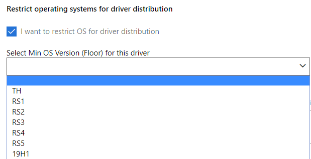 Dropdown menu listing OS versions.
