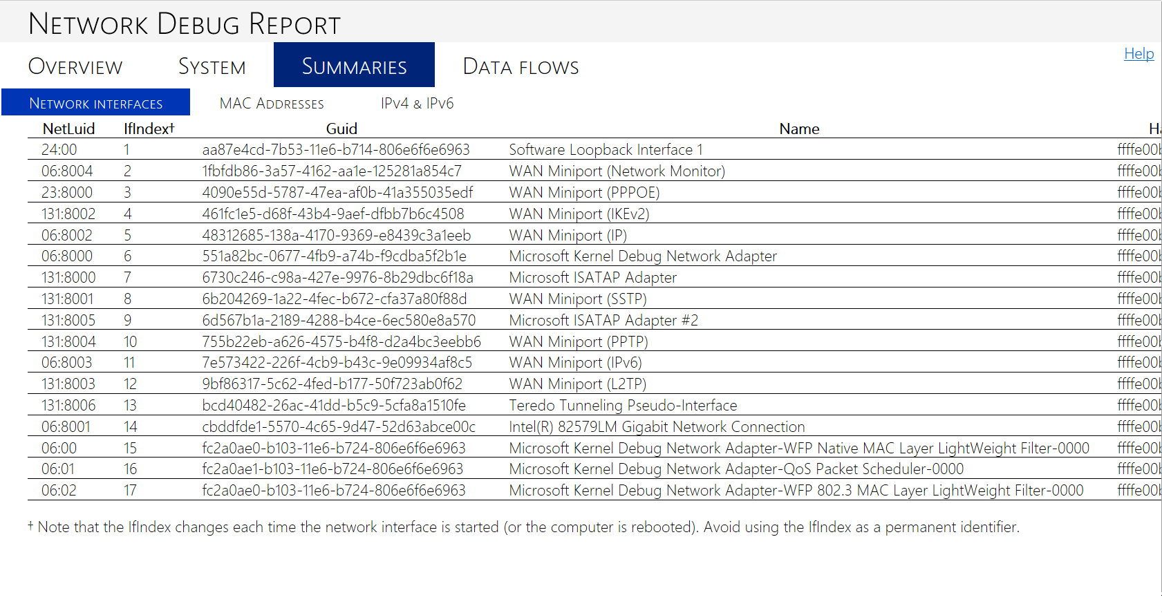 Screenshot of the Network Interfaces tab in a network debug report.