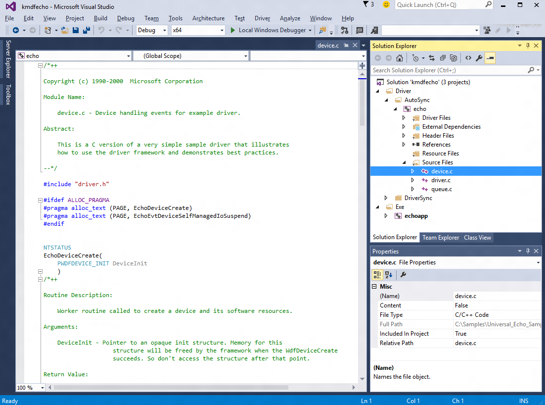 Screenshot shows Visual Studio with the device.c file loaded from the kmdfecho project.