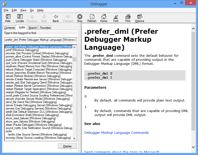 Screenshot shows the debugger help application showing help for the .prefer-dml command.