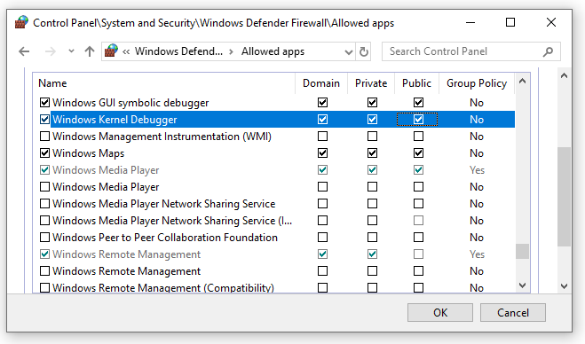 windows control panel firewall config showing Windows GUI Symbolic Debugger and Windows Kernel Debugger with all three network types enabled.