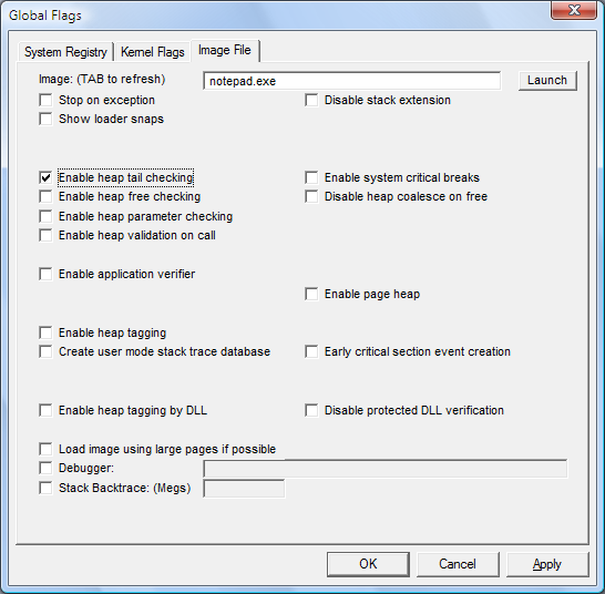 Screenshot of the Image File tab in Windows Vista.