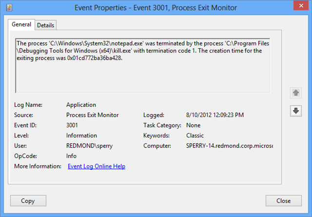 Event properties dialog box with General tab, displaying the source as Process Exit Monitor.