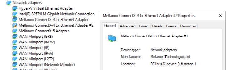 device manager showing the network node with a node for Windows KDNET 2PF supported network adapter.