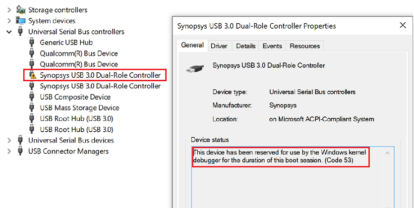 Screenshot of Device Manager displaying the USB node with Synopsys USB 3.0 Dual-Role Controller indicating the controller is reserved.