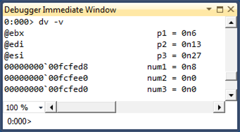 Screenshot of the command output displaying the locations of parameters and local variables using the dv -v command.