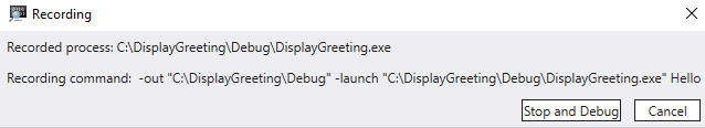 Screenshot that shows the TTD recording popup "Stop and Debug" and "Cancel" buttons.