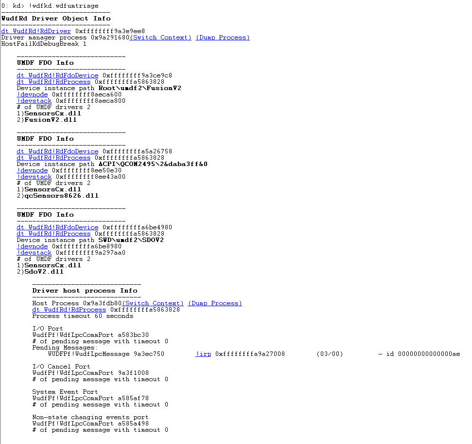 Screenshot of driver object list output from !wdfkd.wdfumtriage command.