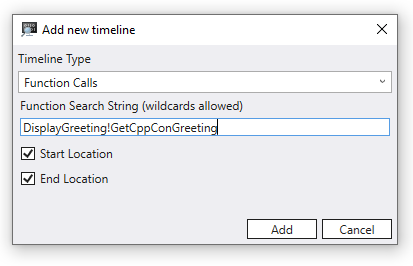 Add new Timeline dialog displaying addition of Function call timeline with a function search string of DisplayGreeting!GetCppConGreeting.