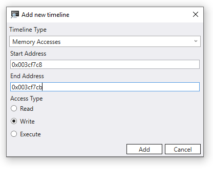 Adding a timeline memory access dialog with write button selected and a start value of 003cf7c8.
