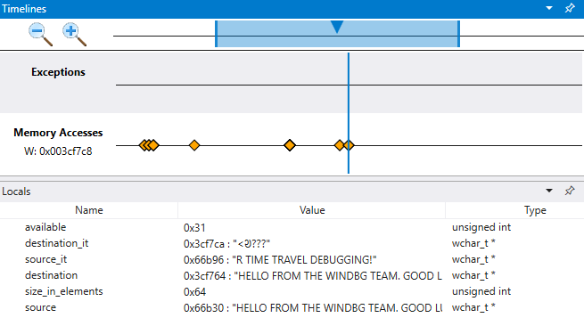 Memory access timeline and locals window displaying locals values with differing source and destination values.