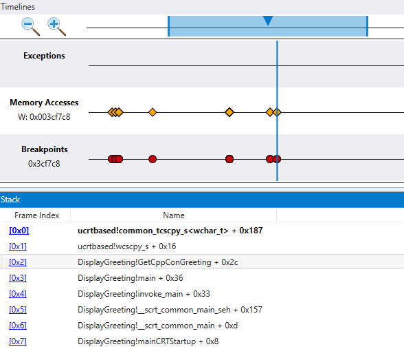 Timeline in debugger displaying memory access timeline and stack windows.