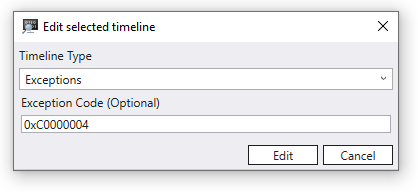 Timeline debugger exception dialog box with timeline type set to exception and exception code set to 0xC0000004.