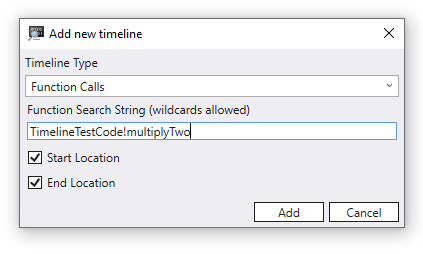 Adding a timeline in debugger with function call name entered.