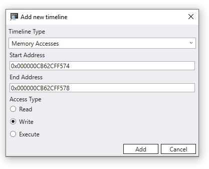 Adding a timeline memory access dialog with write button selected.