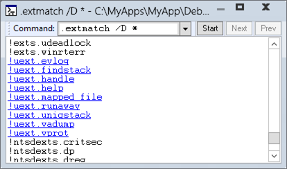 Screenshot of .extmatch /d command output.