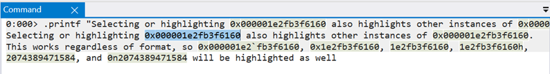 Screenshot of WinDbg command window with multiple number formats highlighted.