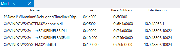 Screenshot of WinDbg Modules view window displaying five listed modules.